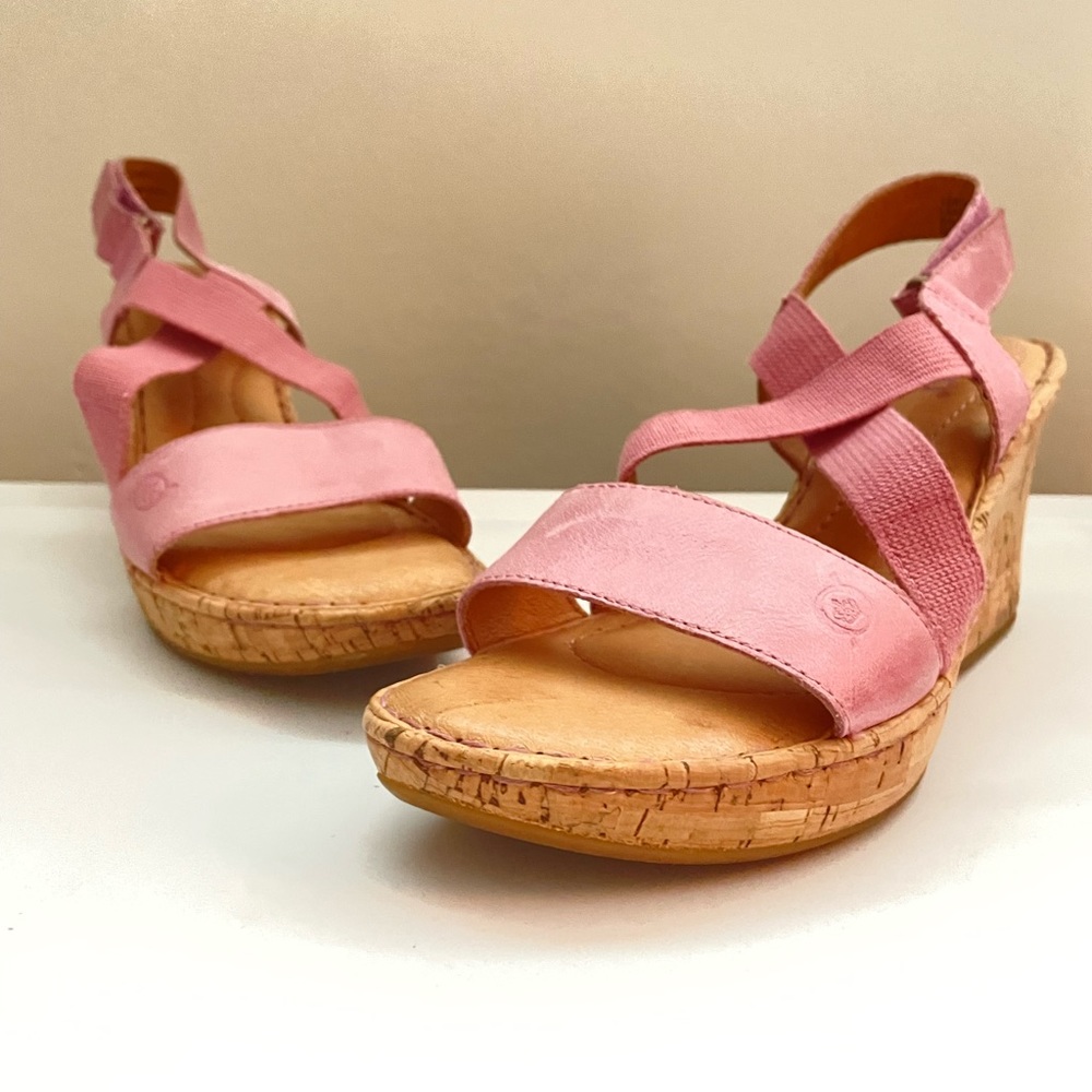 Born Brand Pink Leather Wedge Platform Sandals, Size 8